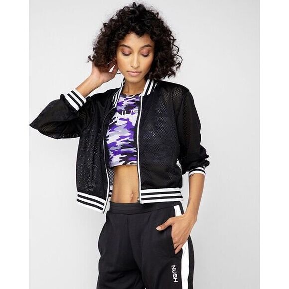 Ashley Stewart Black Mesh Bomber Jacket L/XL White Arm Stripe EUC - Picture 1 of 6